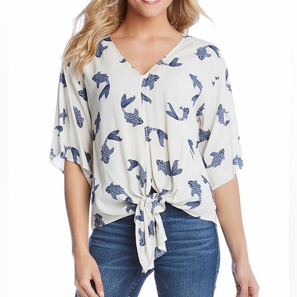 Karen Kane Fish Print V-Neck Short Flutter Sleeve Tie Front Top Blue Size Large - Picture 1 of 8
